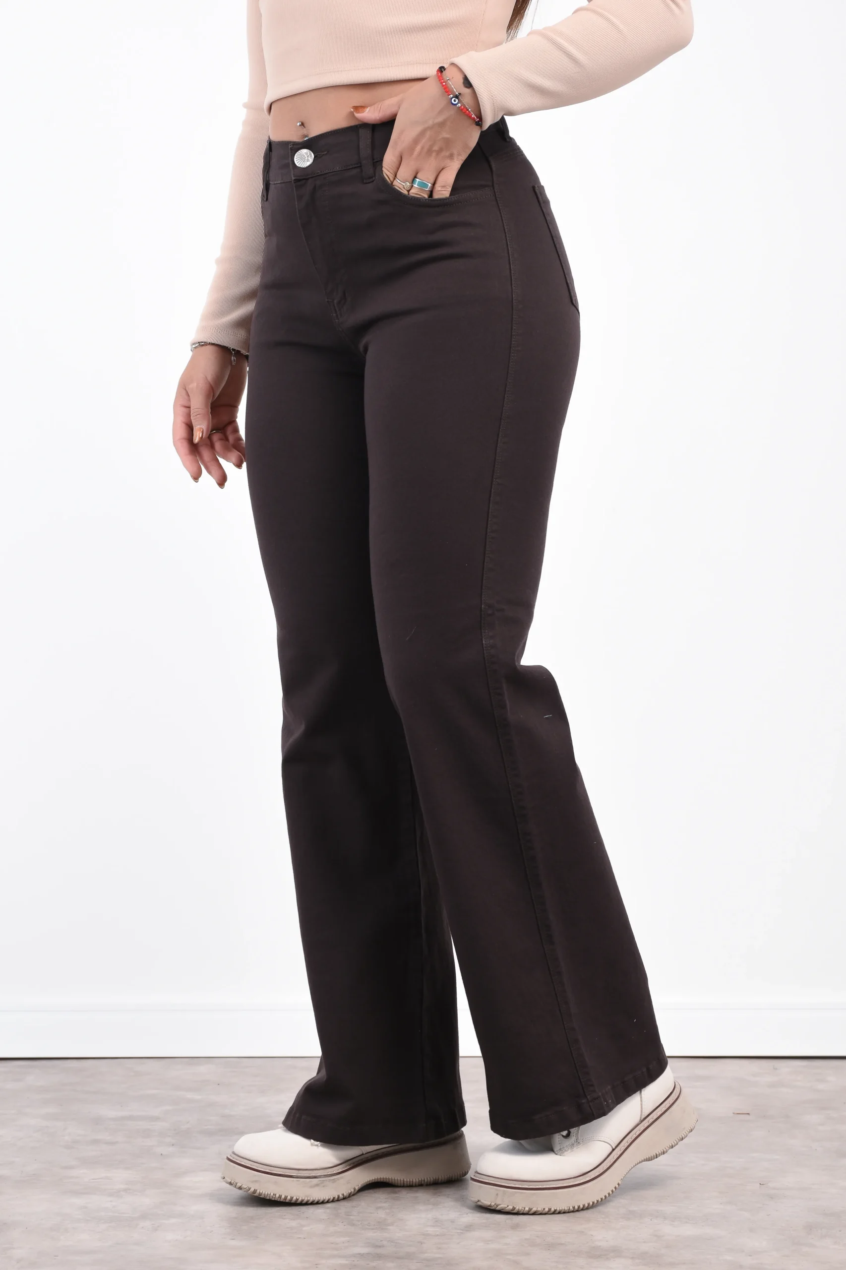 Jean wide leg chocolate elastizado mujer Flores