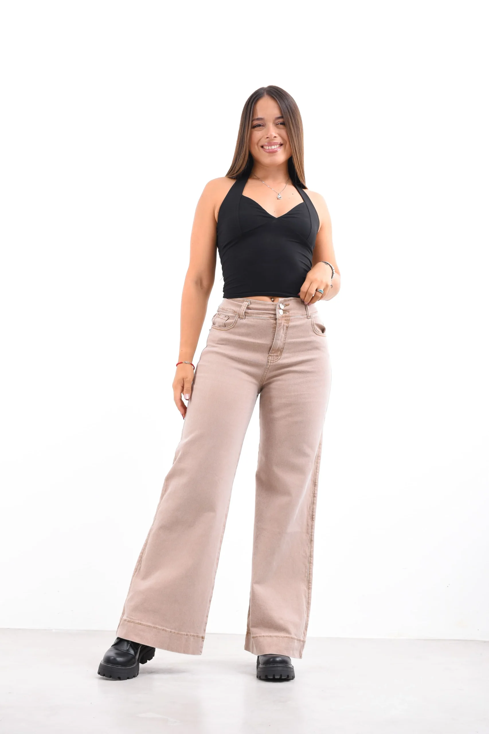 Jean Wide Leg suiza beige Vintage frente completo tiro alto