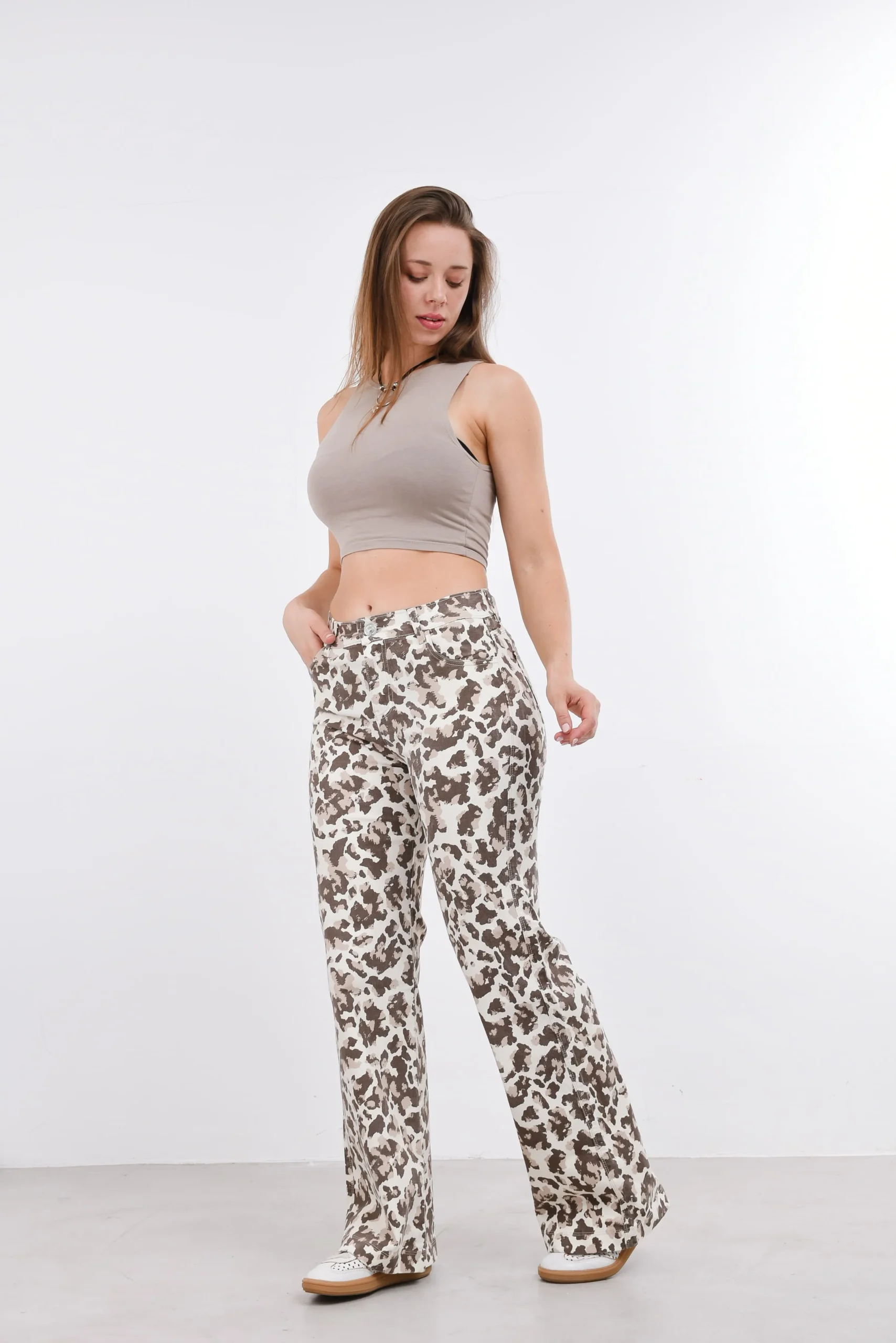 Jean Wide Leg Amelia Bicolor Estampado Tiro Alto Largo Especial Movimiento Caida Rumaju