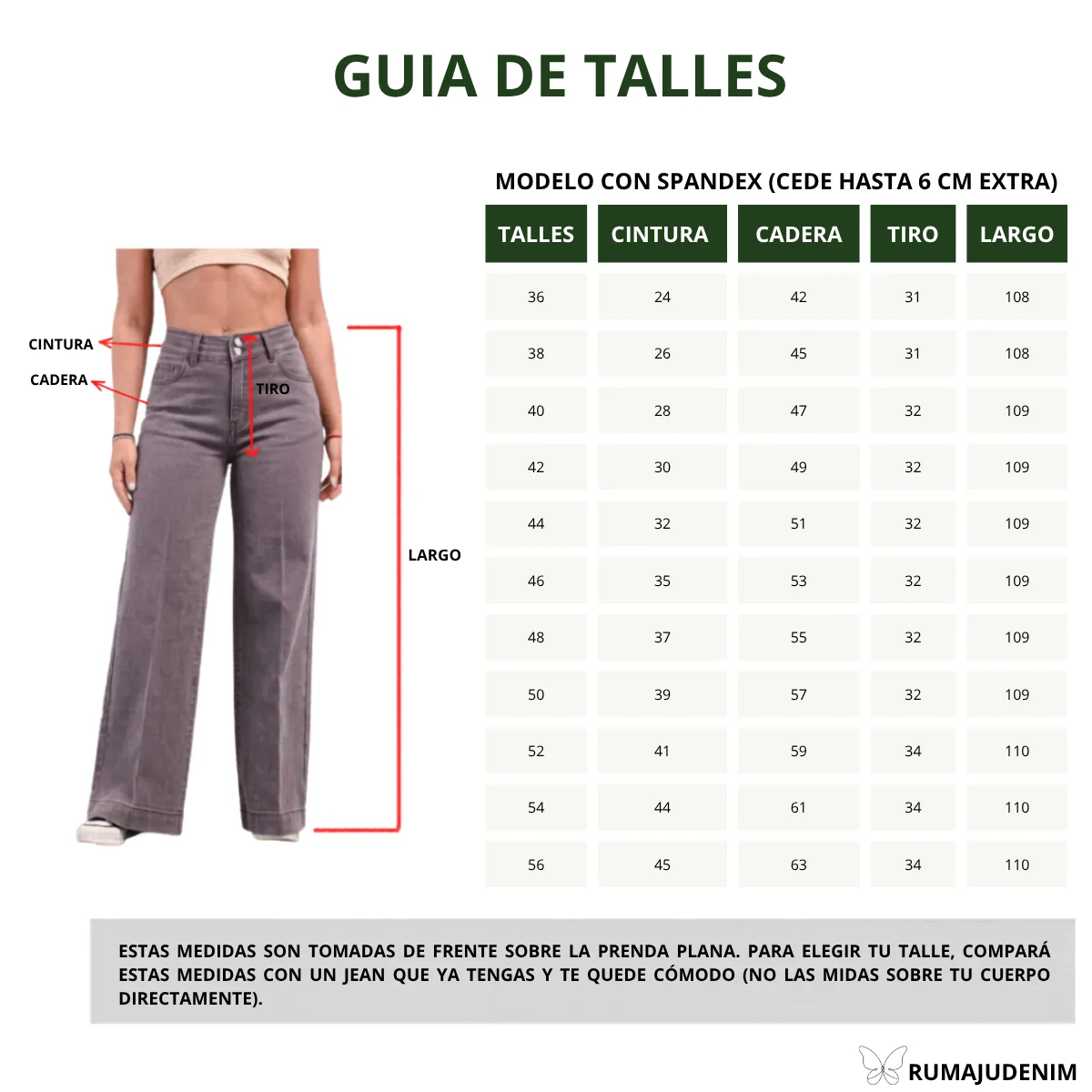 Guía de talles oficial Rumaju Jeans, tabla de medidas para Wide Leg del 36 al 56 y consejos para medir correctamente.