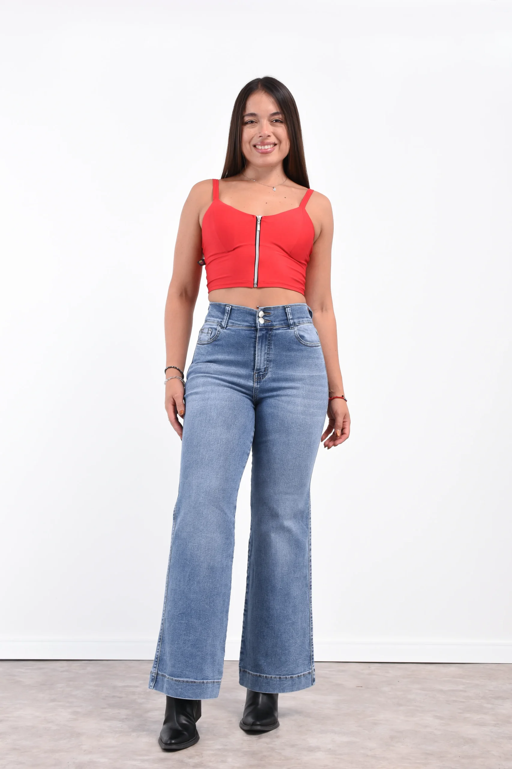 Jean Wide Leg Mohana Stone Reflex Localizado Elastizado 2 Botones Rumaju Jeans