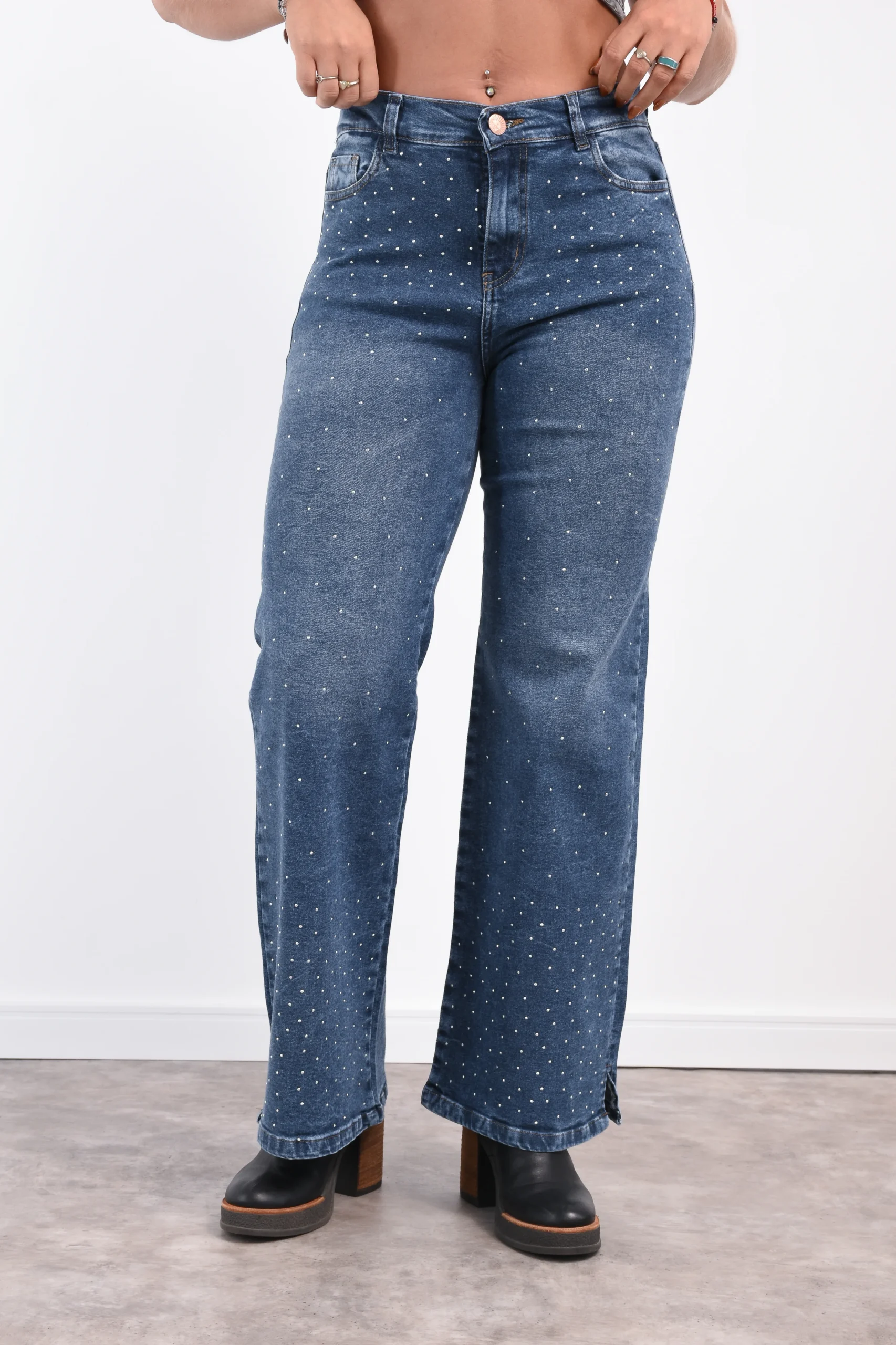 Jean Wide Leg ANDREA Azul Oscuro Apliques Strass Prenda Rumaju Jeans