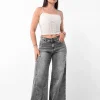 Pantalón maxi wide leg gris elastizado de tiro alto marca Rumaju Jeans vista de frente