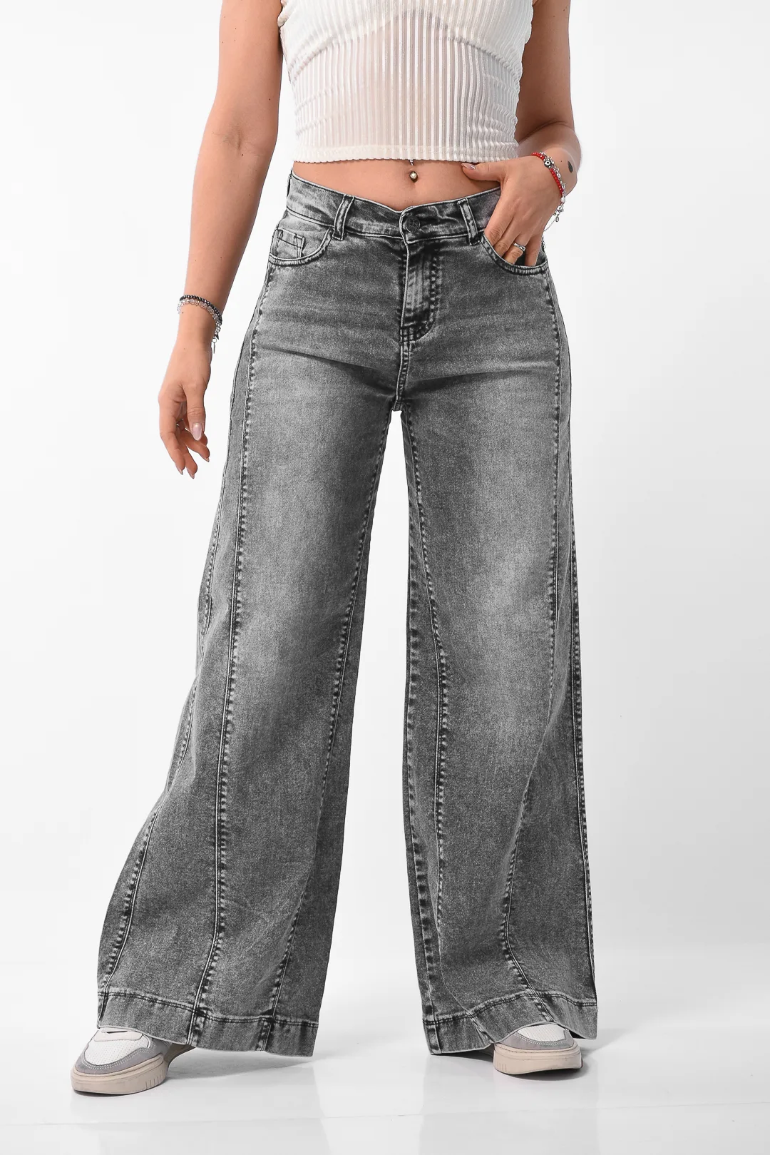 jean maxi wide leg gris elastizado tiro alto