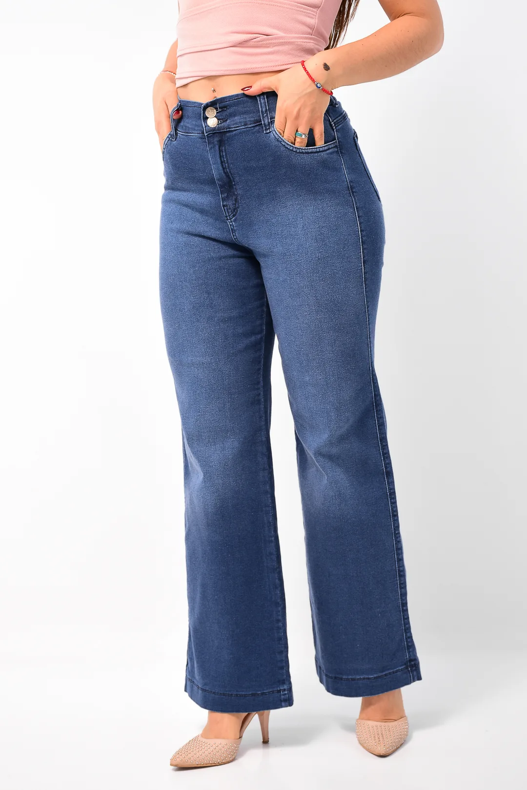 plano detalle cintura jean wide leg elastizado tiro alto azul ursula
