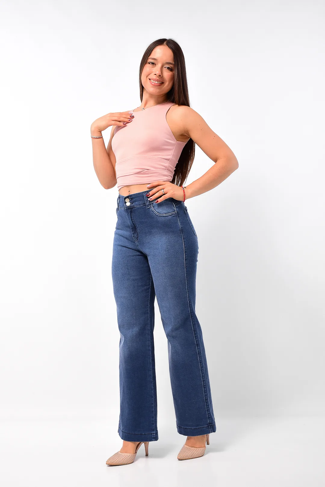 frente jean wide leg elastizado tiro alto azul ursula