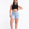 Short denim elastizado celeste claro modelo Giorgina con tachas laterales talles 38 al 56