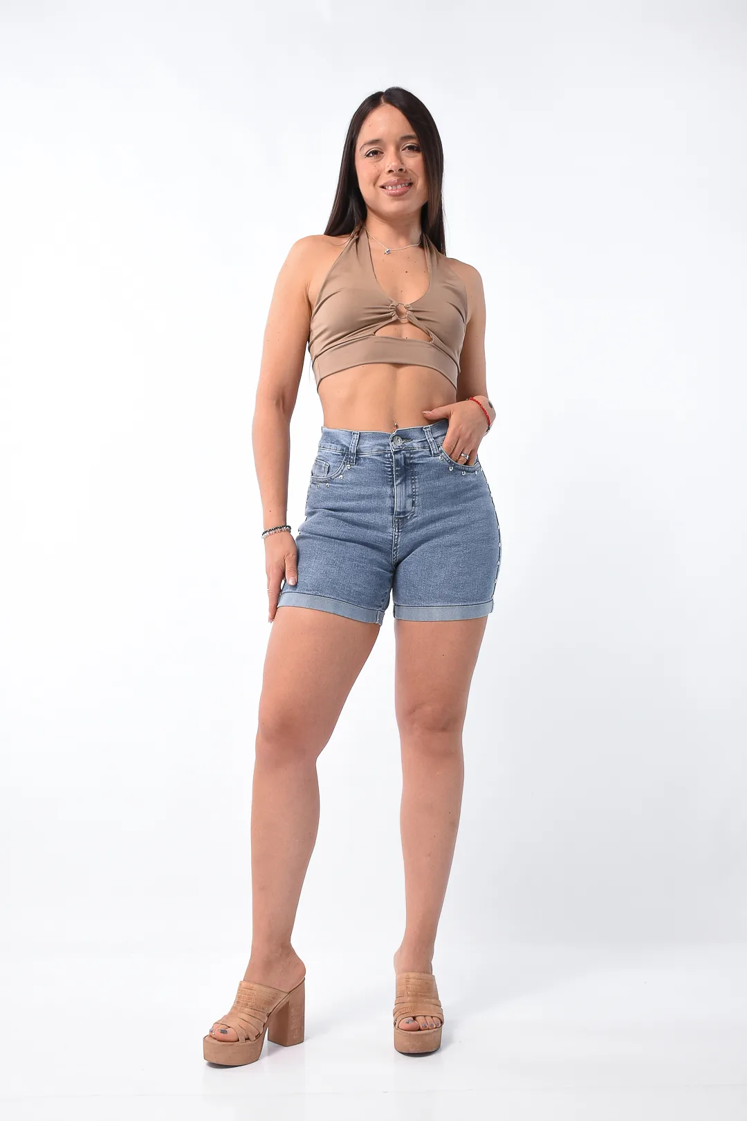 Short de jean azul localizado Vania tiro alto elastizado Rumaju Jeans